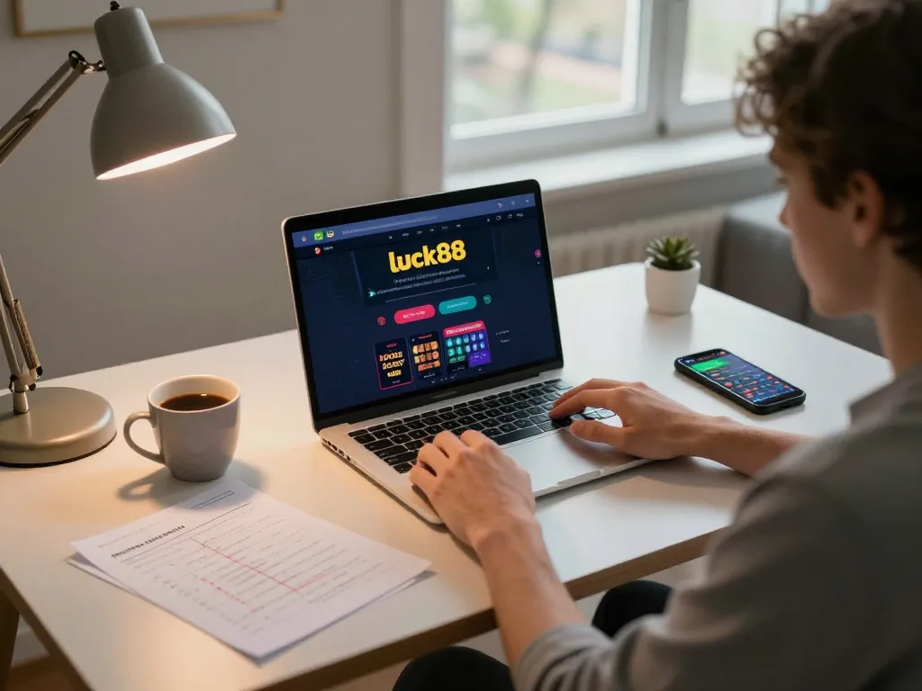 Engaging with luck88 games on a laptop in a cozy home office setting, showcasing strategic betting.