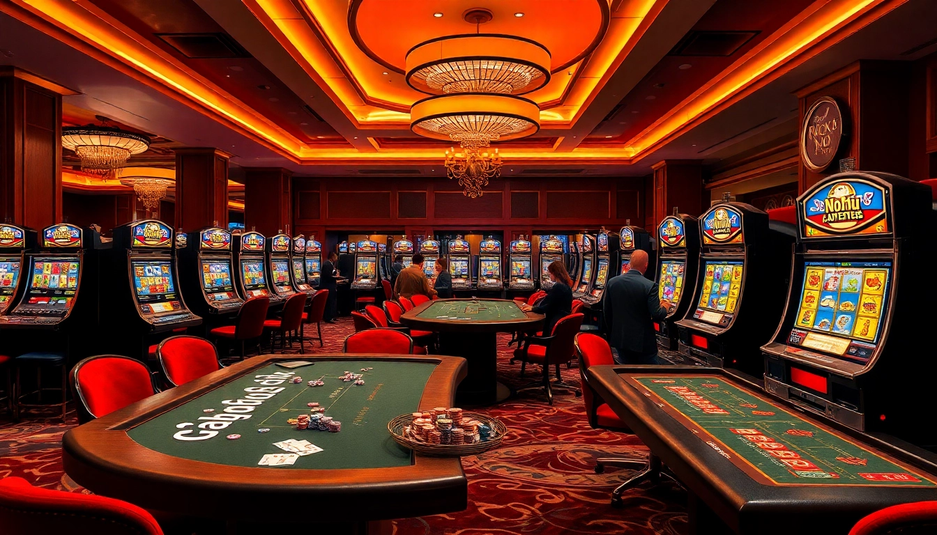 Nohu-themed vibrant slot machines and luxurious casino tables create an inviting gambling atmosphere.