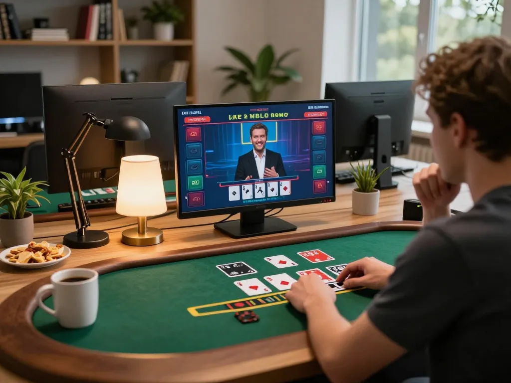 Player engaging in live dealer blackjack on 789f, with cards on screen and cozy gaming setup.