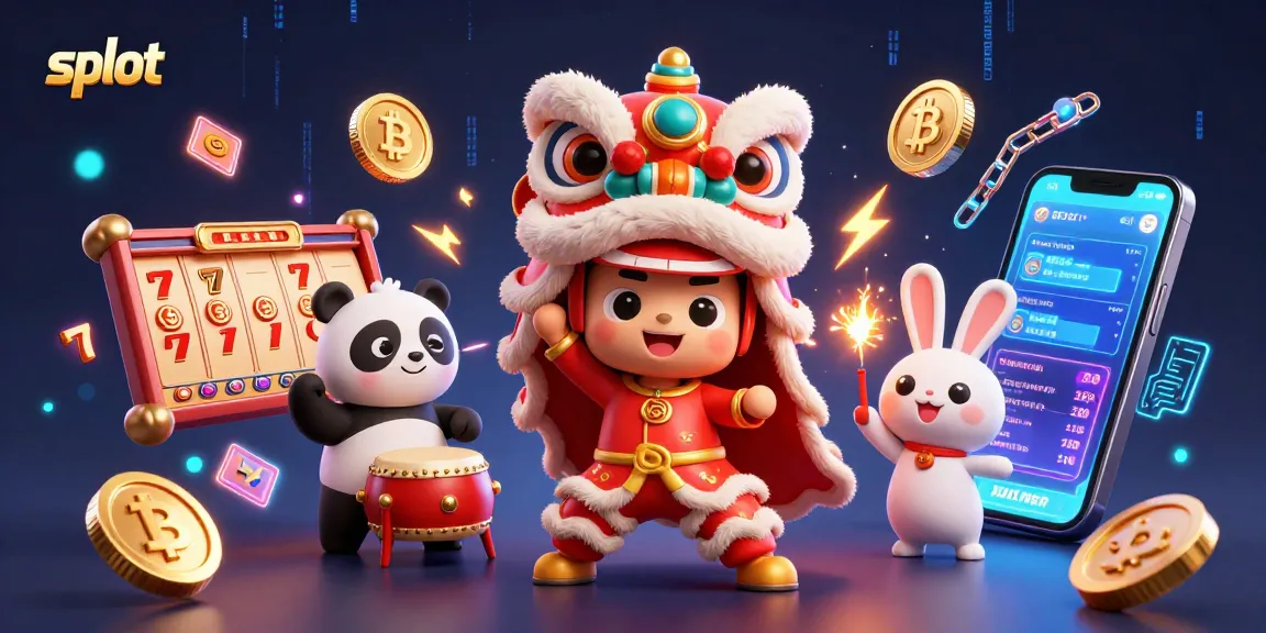 Spin the slot reels in a vibrant casino scene featuring cute characters and crypto elements.