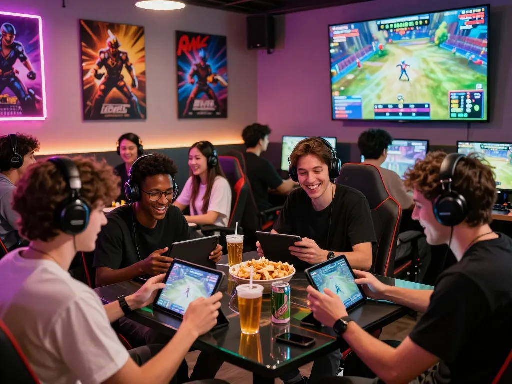 Players enjoying sunwin đổi thưởng in a lively online gaming lounge.