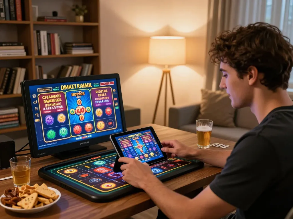 Engaging gameplay experience of online pokies Australia on a tablet in a cozy living room.