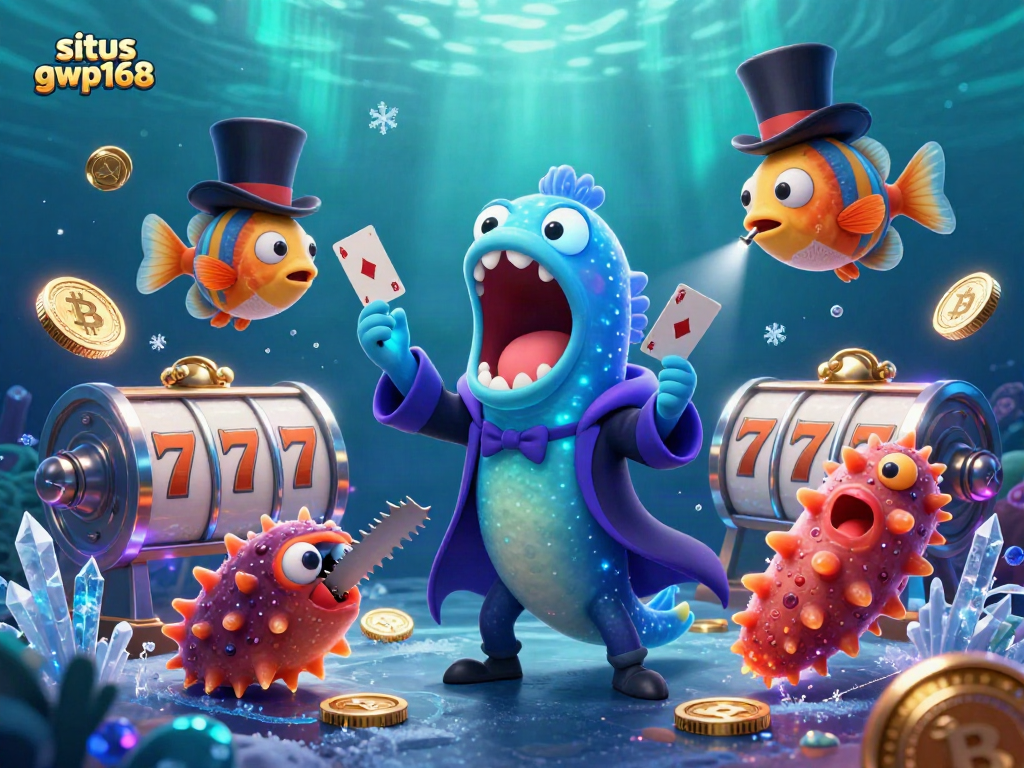 Gambarkan situs gwp168 dalam suasana magis dengan ikan gulper dan anglerfish menampilkan trik kartu dalam kasino online.