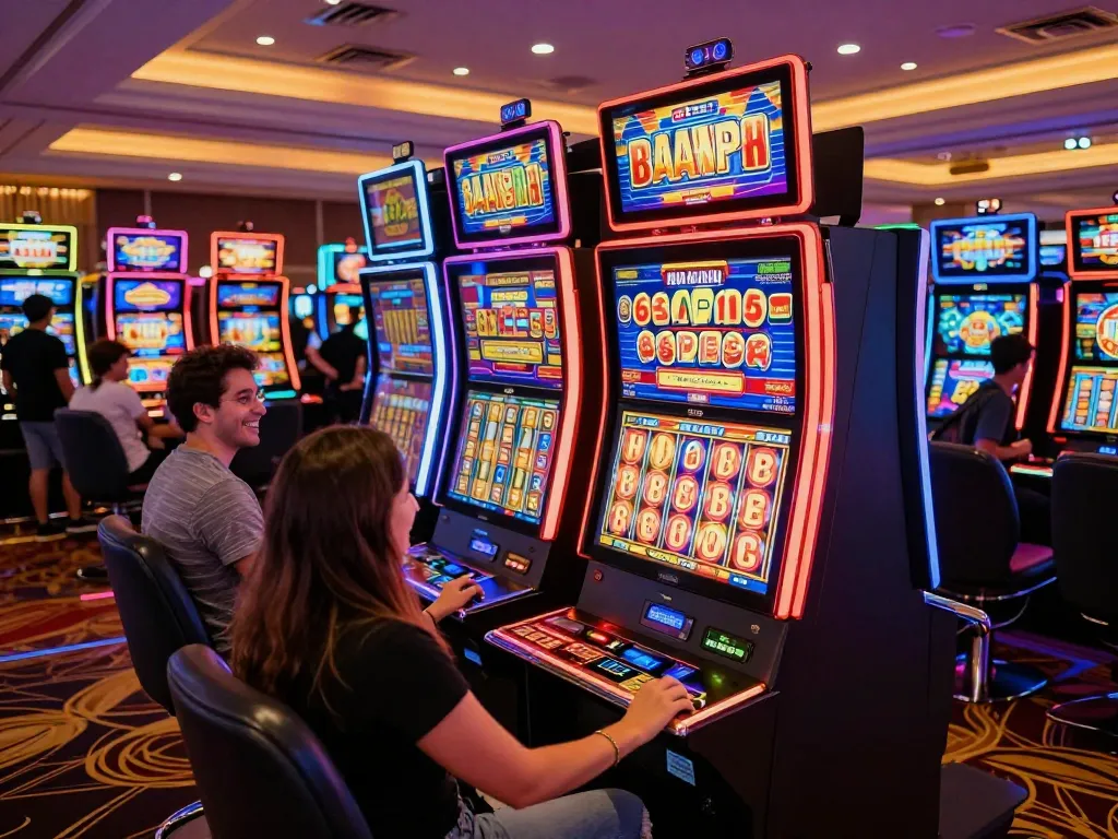 Players engaging with vibrant slot machines, celebrating a nohu win in a lively casino atmosphere.