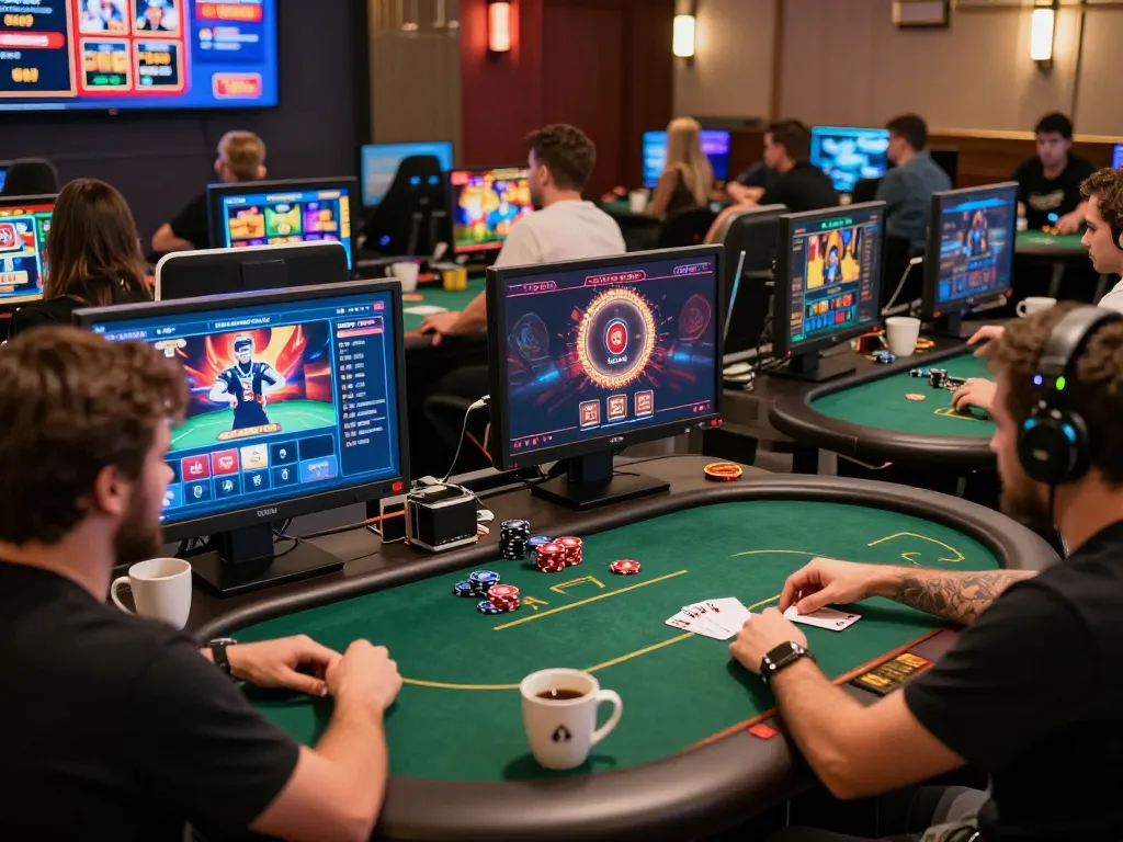 Engaged players enjoying various games at https://rr888.shopping/ in a cozy, modern online casino setup.