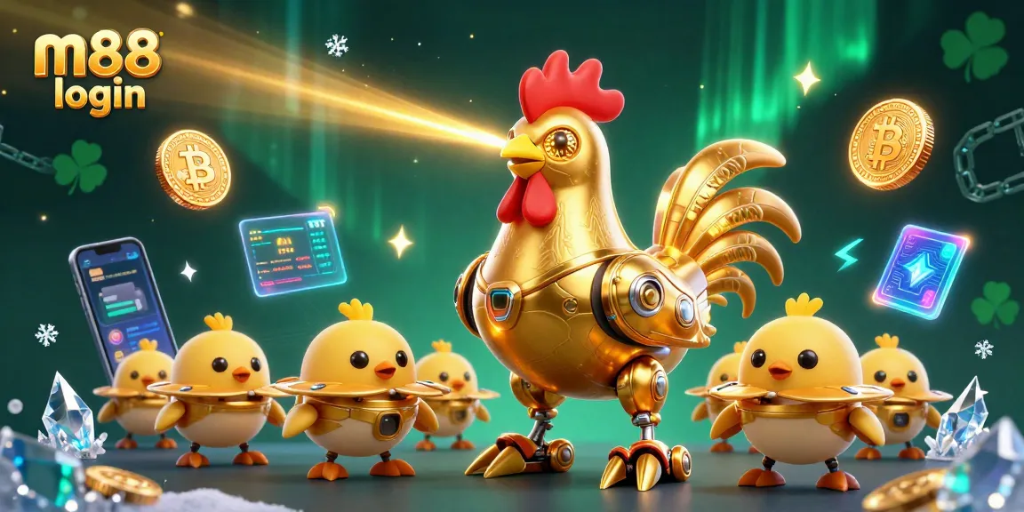 Win big with M88 login, featuring a futuristic golden rooster robot and vibrant crypto elements.