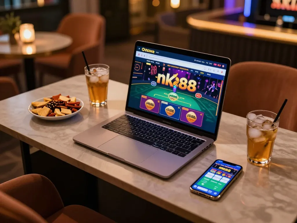 Engaging player using nk88 app on a laptop during an online gaming session.
