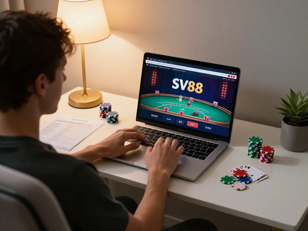 Player engaging with SV88 online casino on a laptop, showcasing strategy notes and colorful poker chips