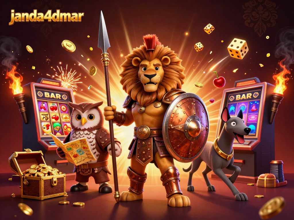 Permainan slot janda4dmar dengan jackpot meledak, dikelilingi karakter mengesankan.