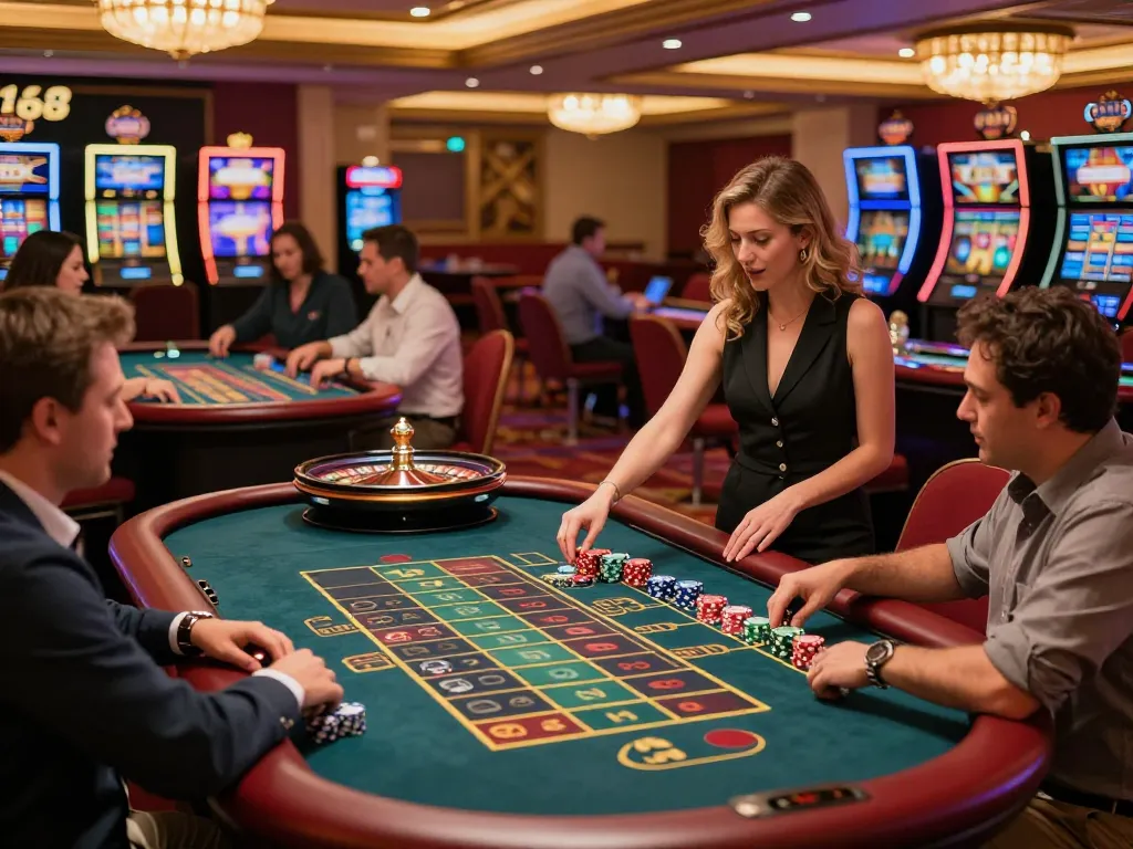 C168 Casino players engaging in a thrilling roulette game, vibrant chips, and professional croupier!