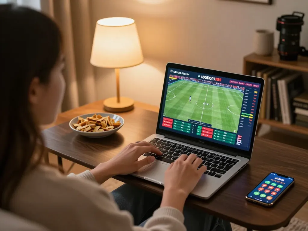 Engaging in online sports betting on sbobet with laptop in a cozy home setting.