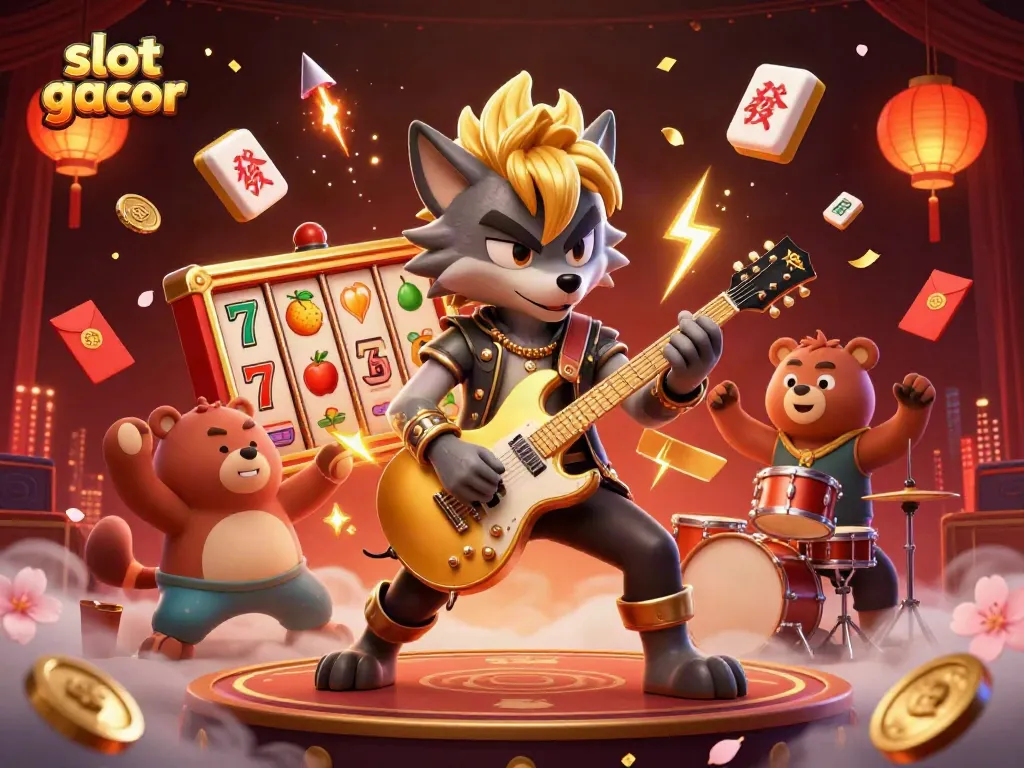 Experience the excitement of slot gacor with a rock star wolf and drummer bear in a vibrant casino setting.