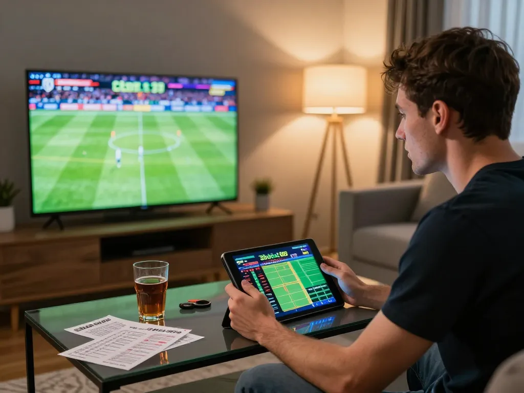 Engaged sports bettor using sbobet88 to place bets while watching a live match