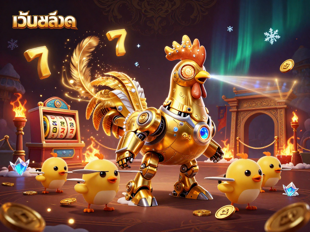 Experience thrilling เว็บสล็อต action with a golden rooster robot and playful chick drones in a dynamic gaming scene.