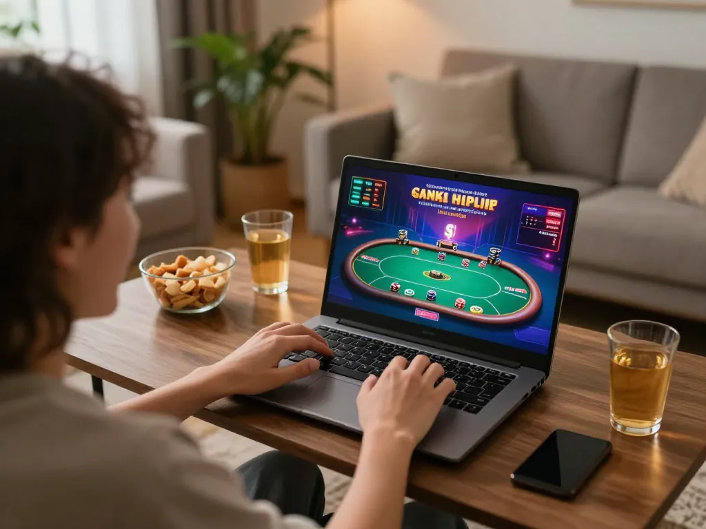 Engaged player enjoying beste casinoer uden rofus in cozy home setting with online poker game shown on screen