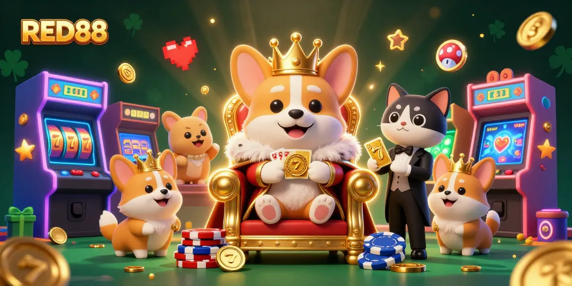 Engage with the exciting RED88 casino experience, showcasing vibrant slot machines and regal characters.