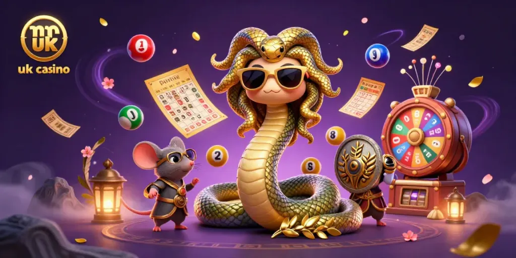 Engaging scene with non UK casino elements featuring a friendly Medusa and dynamic gambling activities.