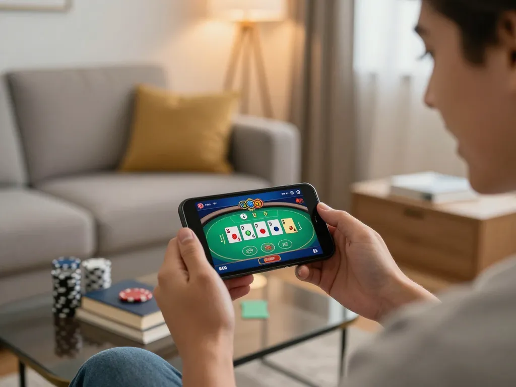 MB66 player engages with mobile gaming app in a cozy home setting, capturing excitement and strategy.
