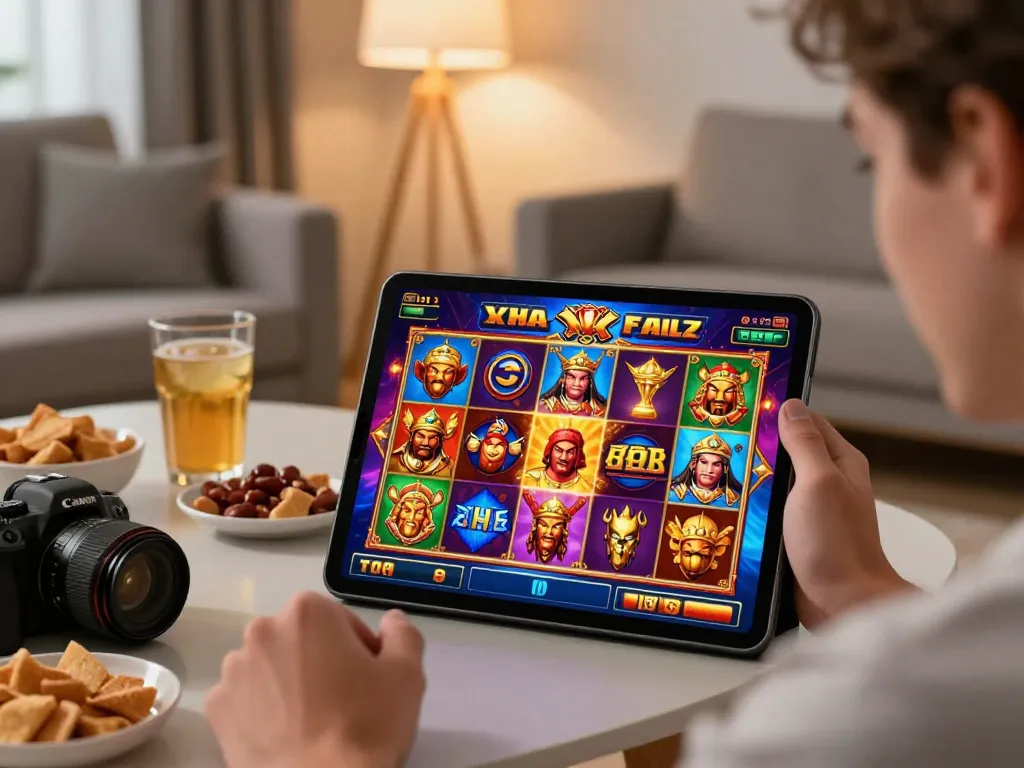 Tempo123 Login slot gameplay enjoyment on tablet, showcasing vibrant graphics in a cozy home environment.