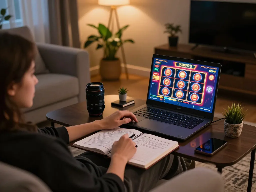 Player engaging with xo88 casino slots on laptop, showcasing vibrant gaming interface and cozy setup