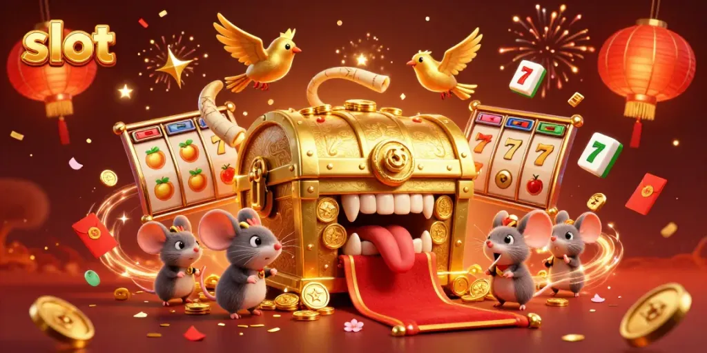Experience thrilling slot action with dynamic treasures and colorful game elements in this 3D illustration.