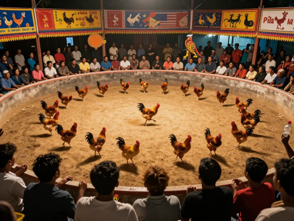 Experience the thrill of đá gà thomo as chickens prepare for a fierce competition in a vibrant arena.