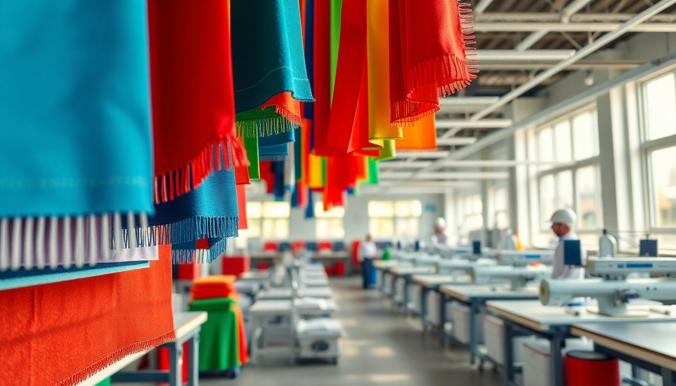 Showcasing a Custom Apparel Manufacturer's vibrant fabric samples in a modern workshop setting.