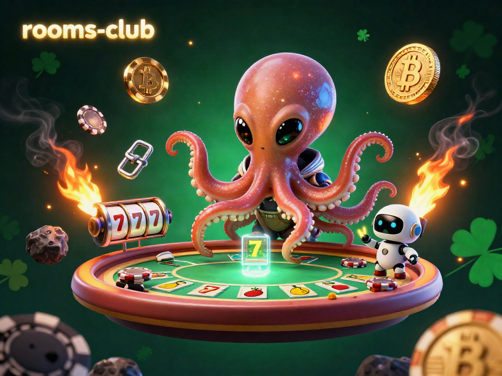 Putar dan menangkan jackpot di rooms-club dengan simbol slot mengkilap dan alien yang mengoperasikan meja poker.