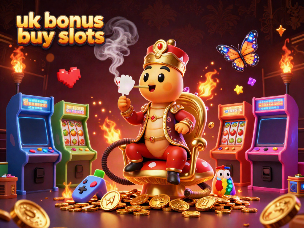 Experience vibrant uk bonus buy slots action with dynamic 3D illustration featuring carnival themes and slot machine elements.