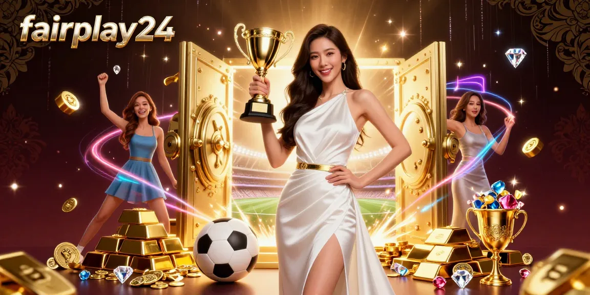 Experience thrilling sports betting with fairplay24, showcasing a confident Asian woman holding a trophy among gold and sports elements.