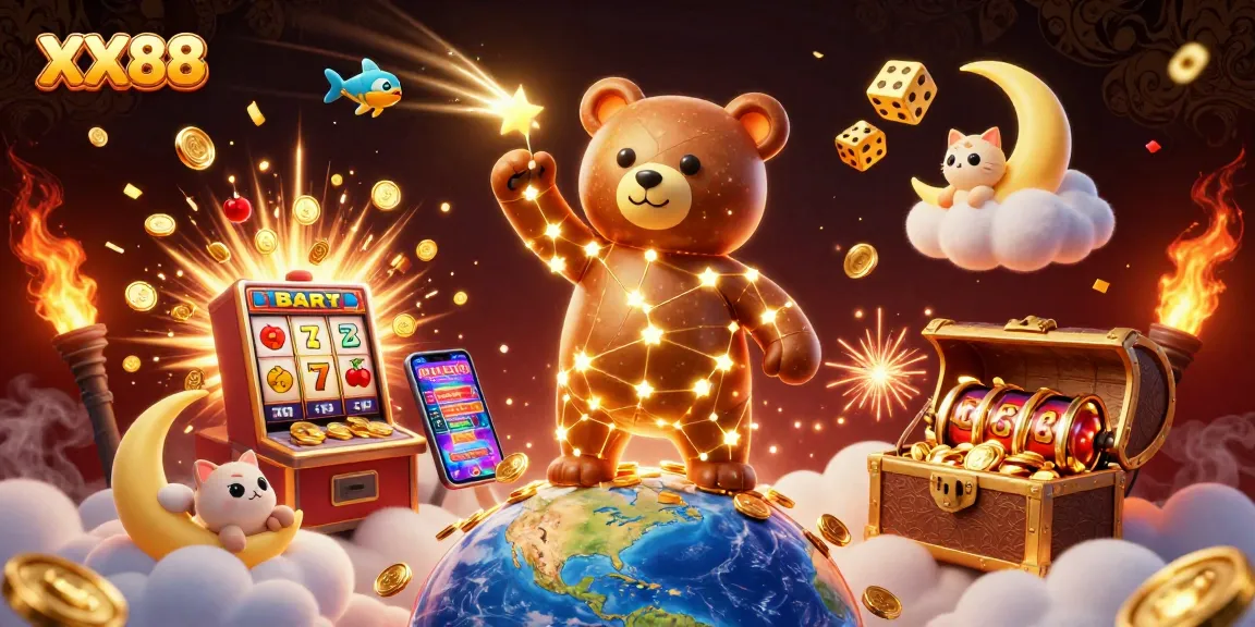 Win big with XX88 as the constellation bear scoops coins amidst a vibrant casino scene.