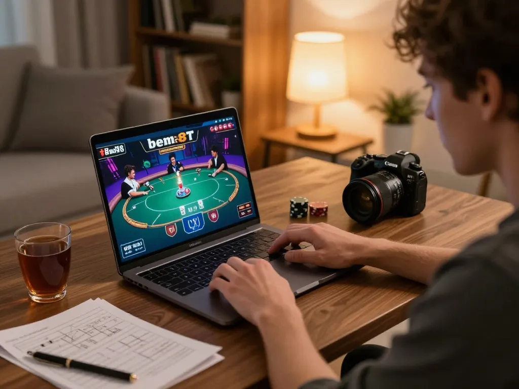 Engaged player focused on bem88 poker game with strategy notes in a cozy home setting