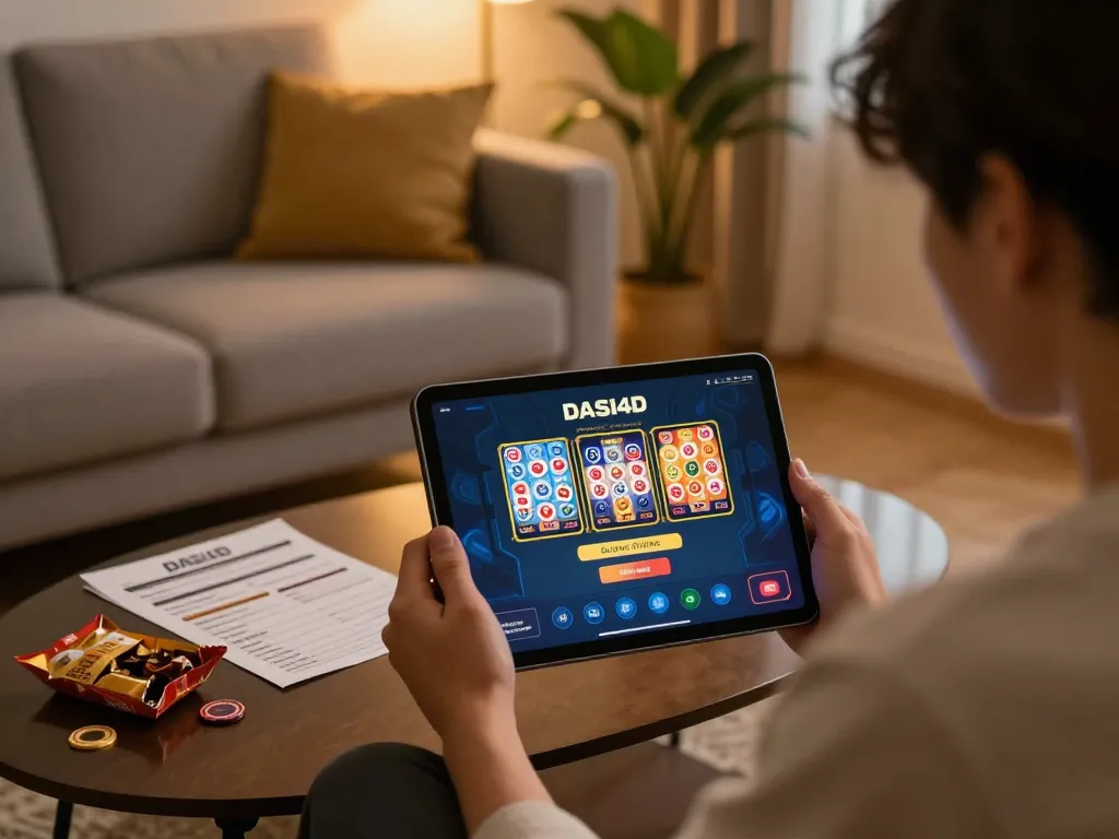 Layar login DASI4D ditampilkan di tablet yang menarik para penjudi online di lingkungan rumah yang nyaman.