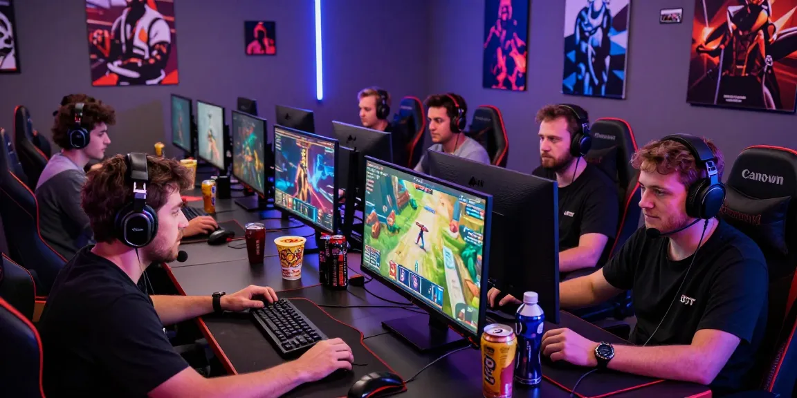 Engaged players in an online gaming session at mahajitu, showcasing vibrant gaming setups.