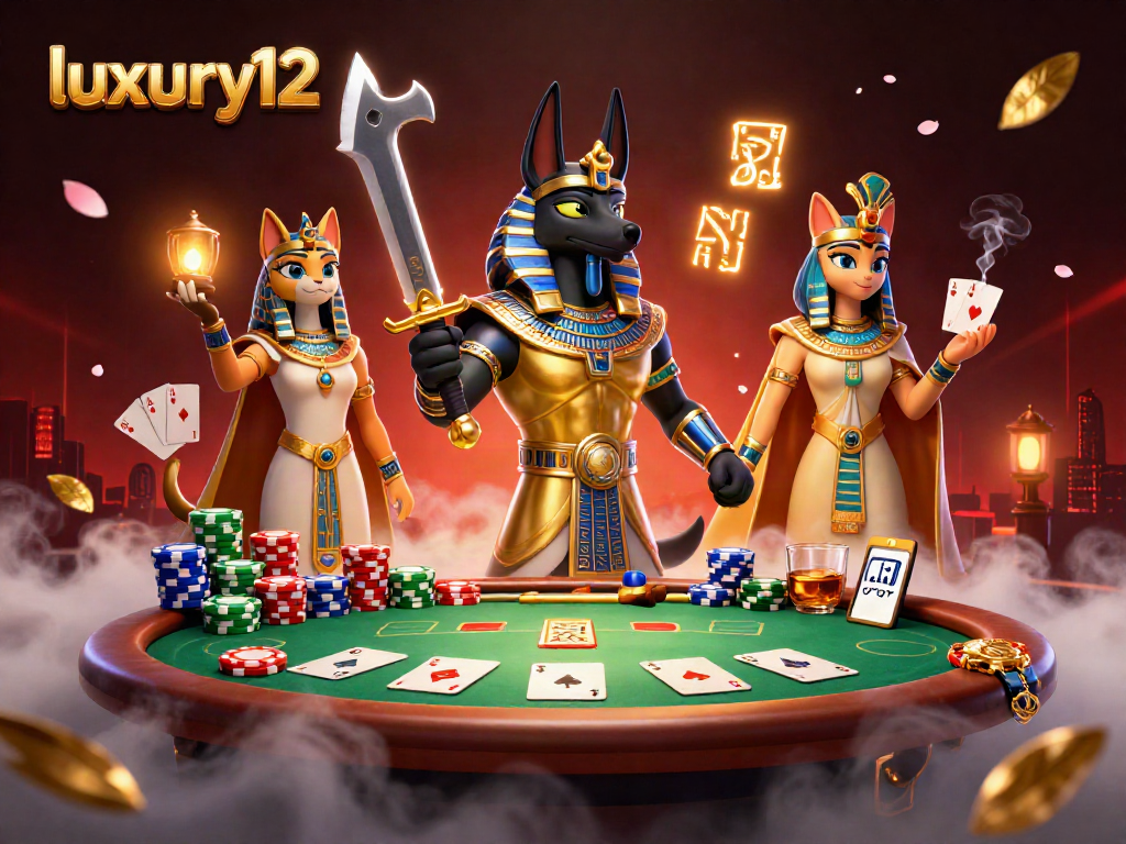 Gambarkan aksi permainan kartu dengan tema luxury12 dan simbol kuno di dalam kasino 3D