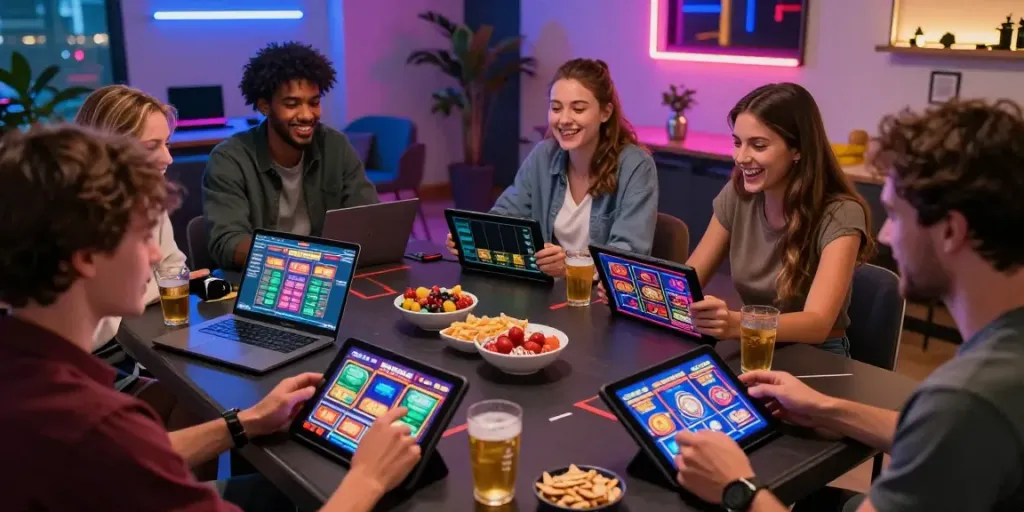 Friends enjoying akunjp online slot games in vibrant gaming space