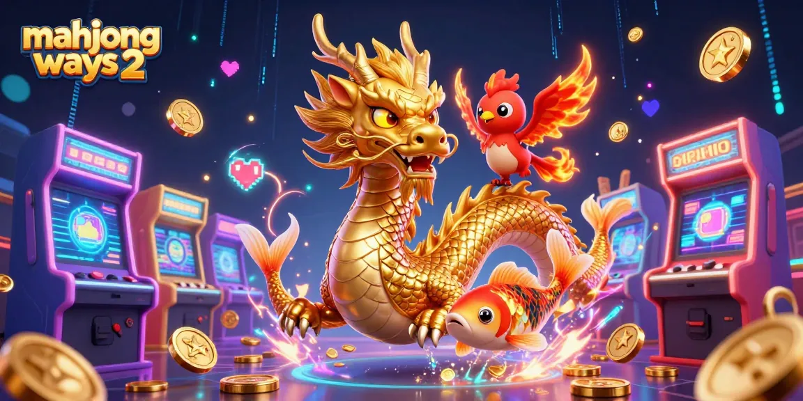Engage with mahjong ways 2, where a majestic dragon and phoenix soar over dynamic arcade elements in a rich casino scene.