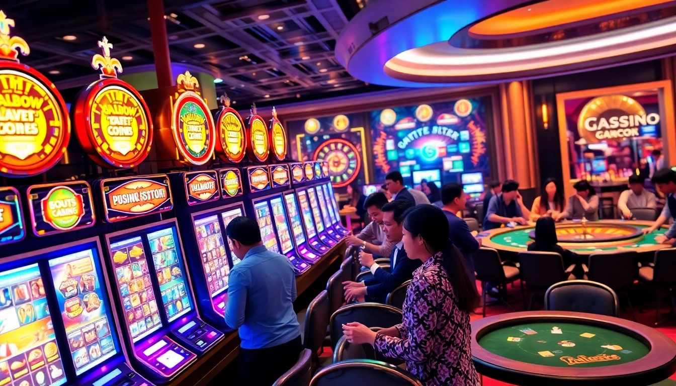 Situs Gacor offers an exciting gambling experience with vibrant slot machines and players engaged in high-stakes gameplay.