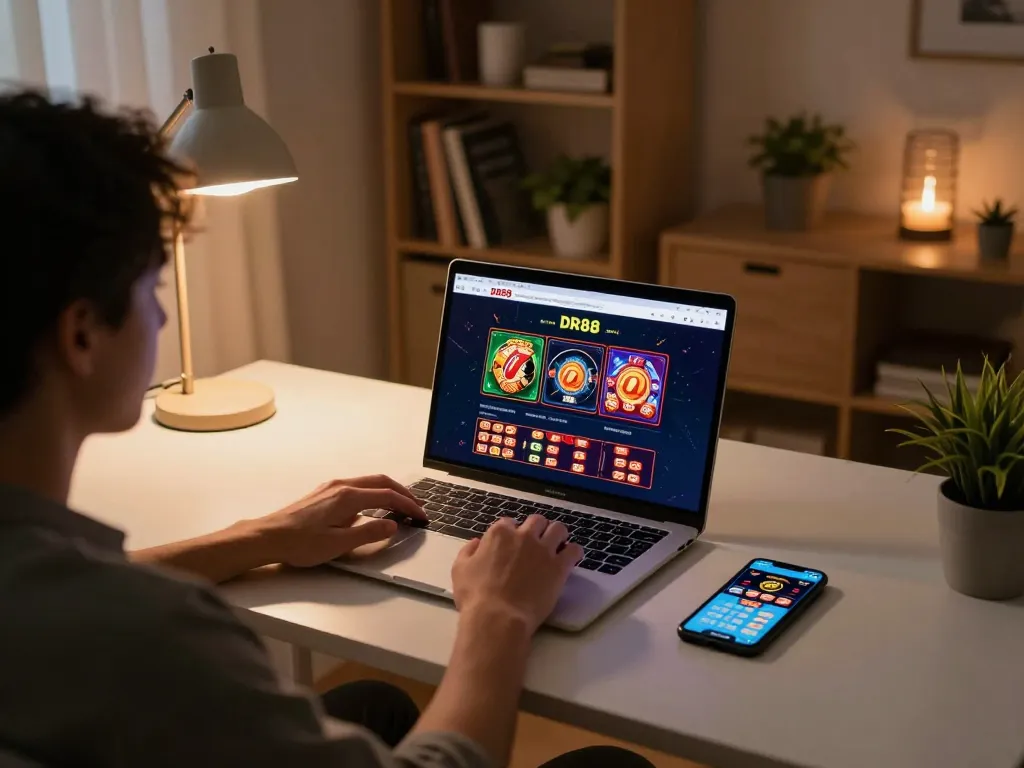 Player engaging in online gaming with DR88 app on laptop, showcasing strategic betting activities.