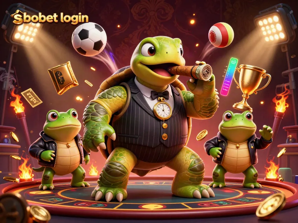 Engage with sbobet login, featuring a whimsical turtle in a stylish suit alongside sports-themed elements.