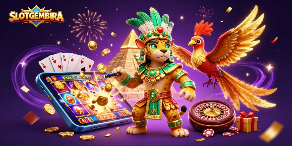 SLOTGEMBIRA showcases a vibrant 3D scene with a jaguar priest and slot game elements celebrating a win.