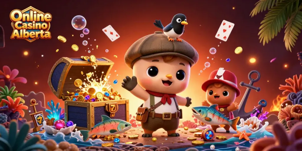 Online Casino Alberta illustration with Nessie and gold elements, emphasizing vibrant gaming action.