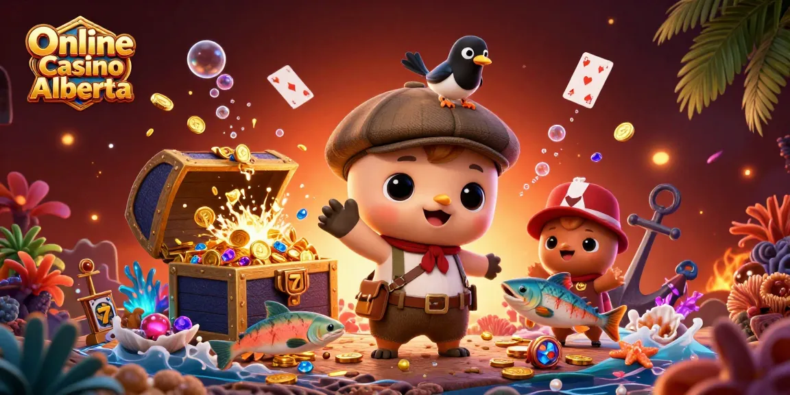 Online Casino Alberta illustration with Nessie and gold elements, emphasizing vibrant gaming action.