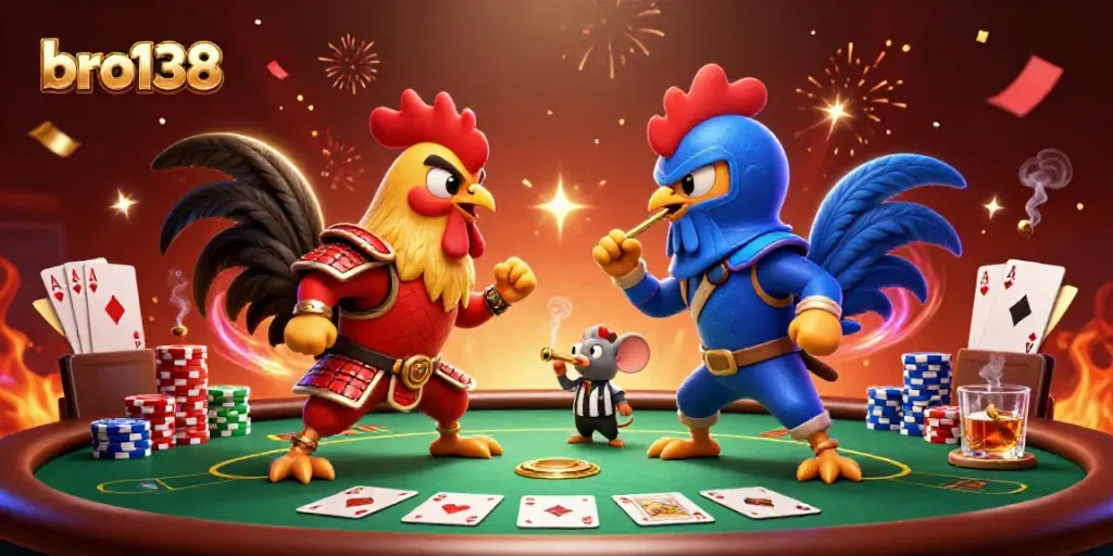 Engage in thrilling roosters debate at bro138, showcasing poker elements and dynamic casino atmosphere.