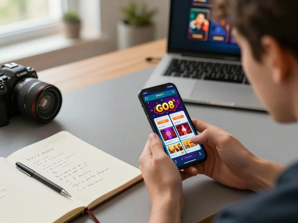 Player engaging with GO8 mobile casino app, showcasing betting strategies in a cozy home setting.