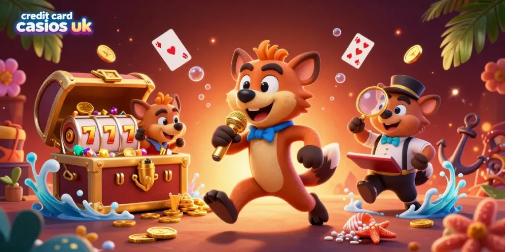 Engage in thrilling gameplay at credit card casinos uk with vibrant cartoon characters in a lively casino scene.