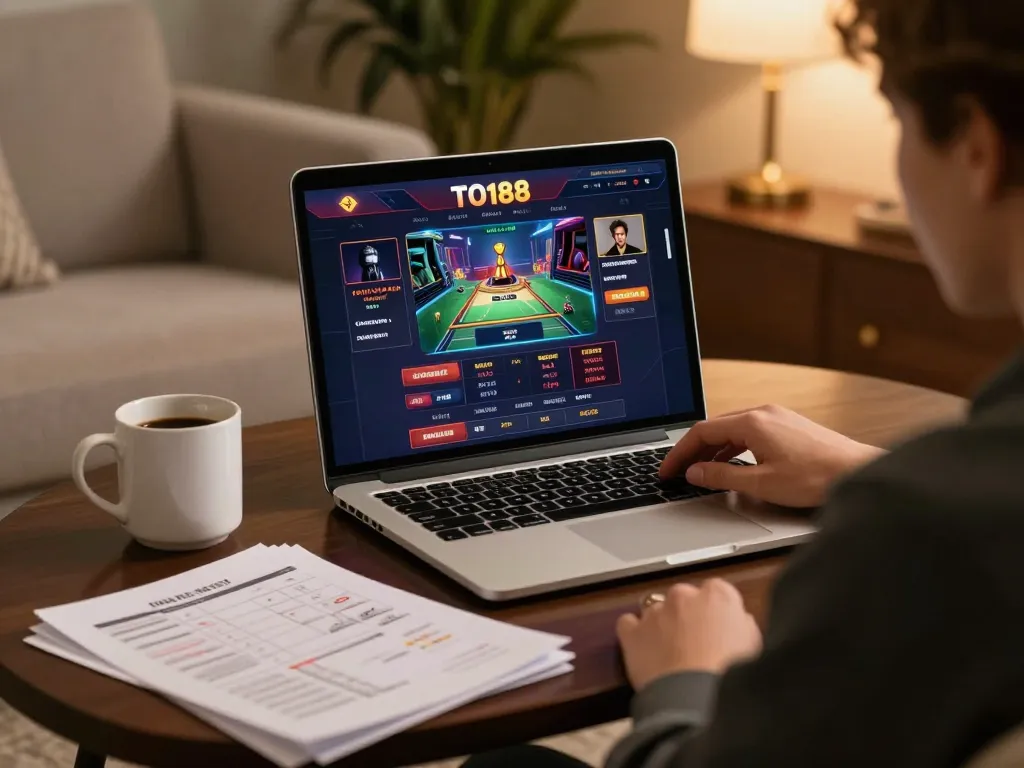Engaging in strategic gameplay with TO188 through a laptop and notepad in a cozy home setting.