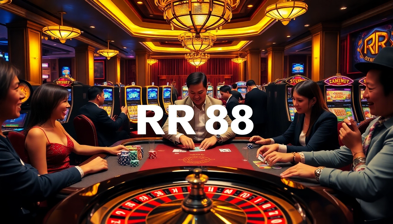 RR88 poker players engaged in high-stakes action at an elegant casino table.
