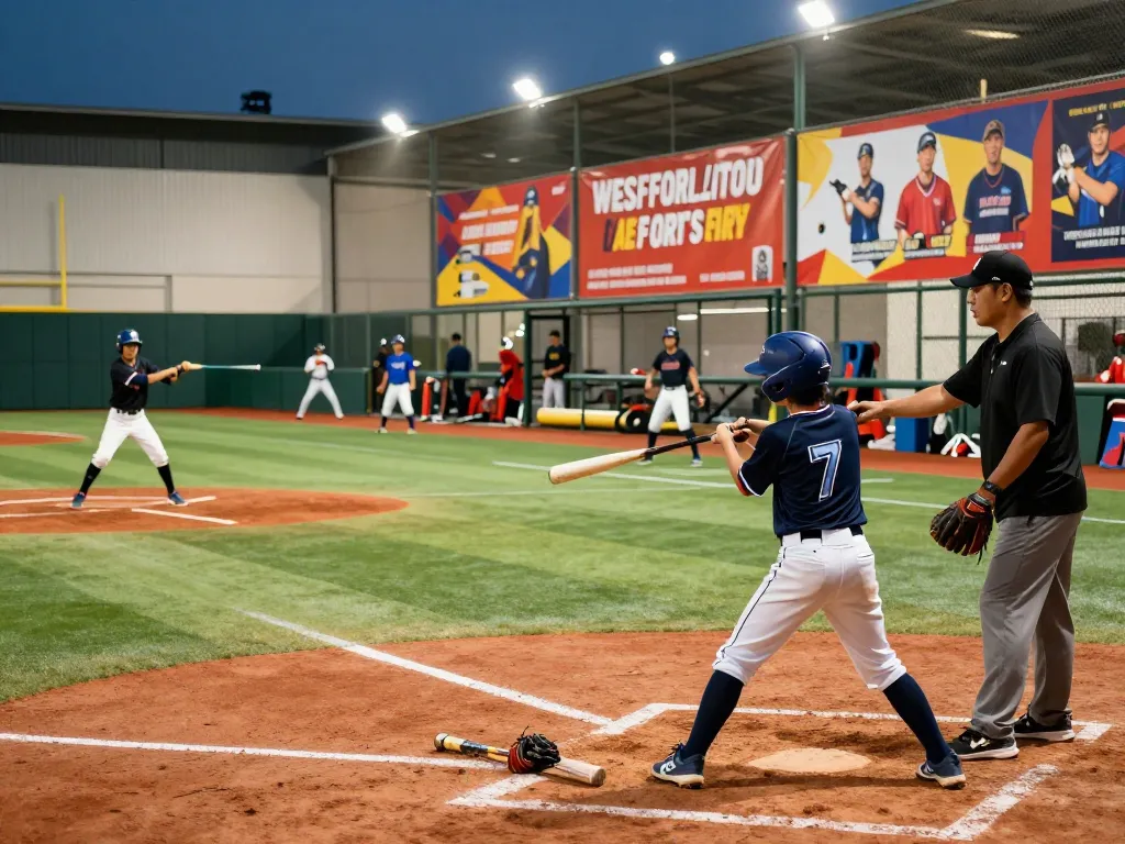 Hitclub athletes training in a vibrant baseball facility, showcasing teamwork and energy.