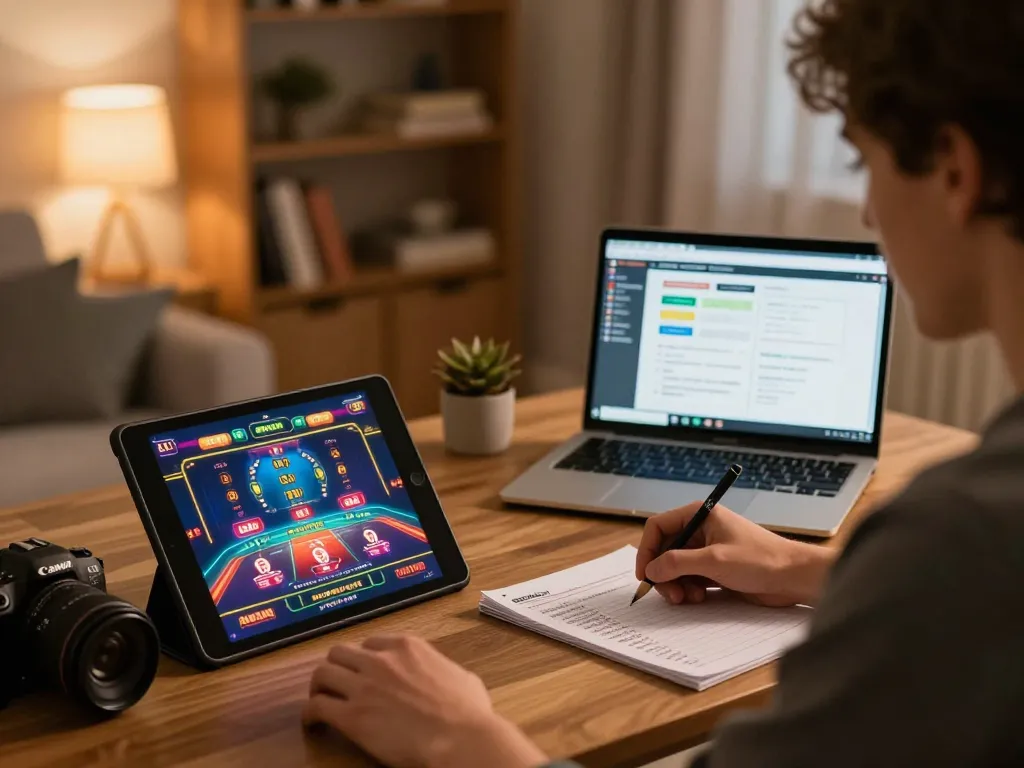 Orang yang terlibat dengan permainan kasino online di rumah melalui https://www.webtransportdeal.com/fr/, fokus pada permainan dan catatan strategi.